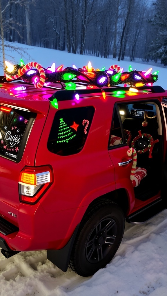 Festive Christmas Decorations for Your 4Runner A festive Toyota 4Runner with Christmas decorations, including lights and holiday-themed accessories.